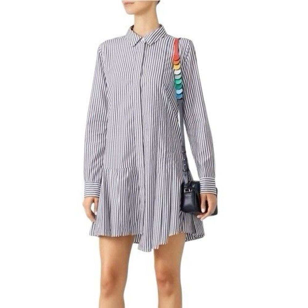 Equipment Femme Asymmetric Stripe Gigi Shirt Dress XS White Blue Pleated Preppy